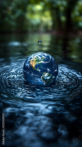 Earth Globe Floating in Water with Ripple Effect