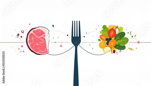 Vegan substitution options concept. Illustration of food contrasting meat and vegetables with a fork.