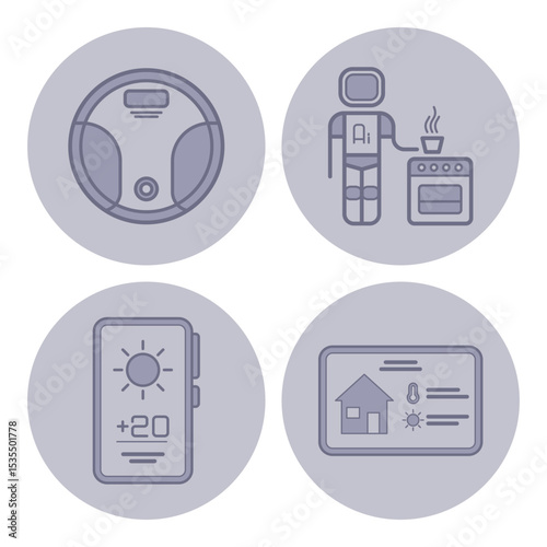 Set of line icons showcasing smart home technology. Robotic vacuum, astronaut preparing food, weather display, and smart home management panel