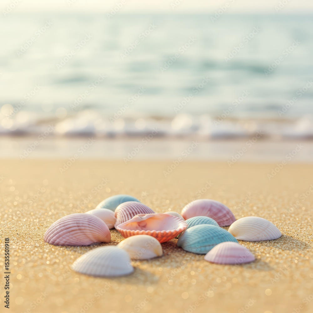Obraz premium Pile of seashells on sandy beach with sparkling ocean waves in background during sunset. Idyllic nature scene for summer vacation banner and travel promotion.