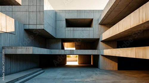 Geometric modern concrete architecture with sharp angular lines and shadows in a minimalist urban structure