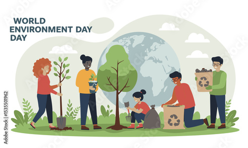 Flat design illustration of Earth Day and World Environment Day, tree planting, cleaning and recycling, Ideal for environmental campaigns, CSR reports and educational materials