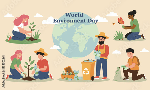 Flat design illustration of Earth Day and World Environment Day, tree planting, cleaning and recycling, Ideal for environmental campaigns, CSR reports and educational materials