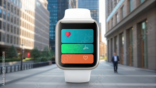 Wallpaper Mural A smartwatch displaying health metrics stands prominently on a city street, with a pedestrian in the background. Torontodigital.ca