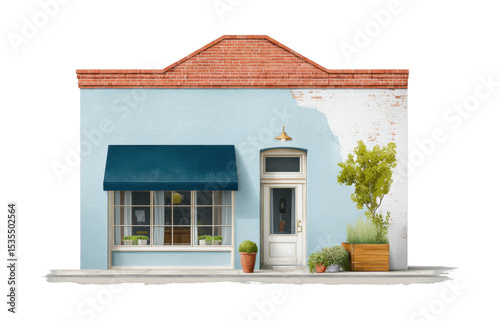 Charming small shop with blue awning and red brick roof facade