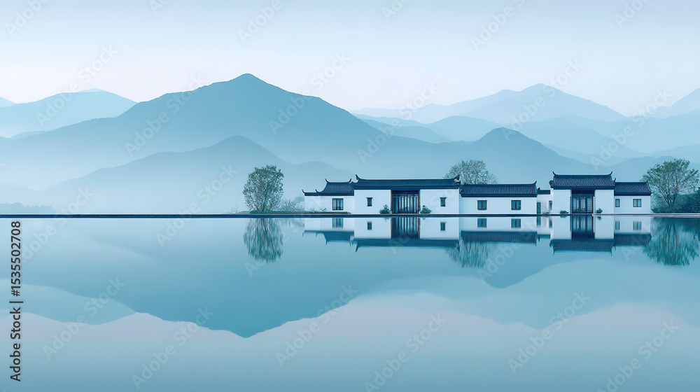 Fototapeta premium Minimalist Chinese traditional Hui style white wall house landscape painting