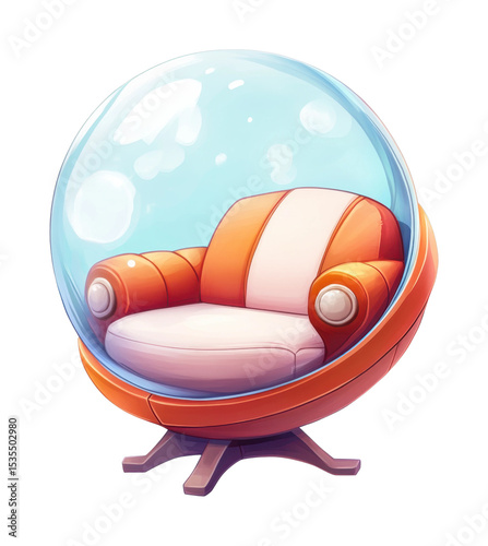 Futuristic retro style chair with glass cover and vibrant orange upholstery