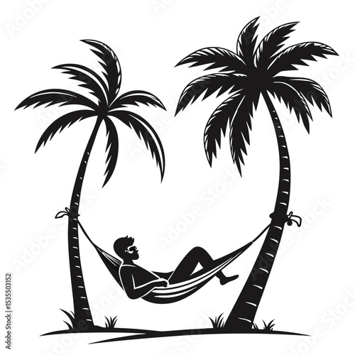 Minimal black illustration of person relaxing in hammock between two palm trees, chill summer vibe
