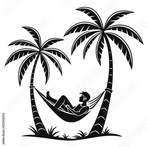 Minimal black illustration of person relaxing in hammock between two palm trees, chill summer vibe