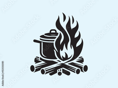 Traditional camp pot with handle and lid, flames licking underneath