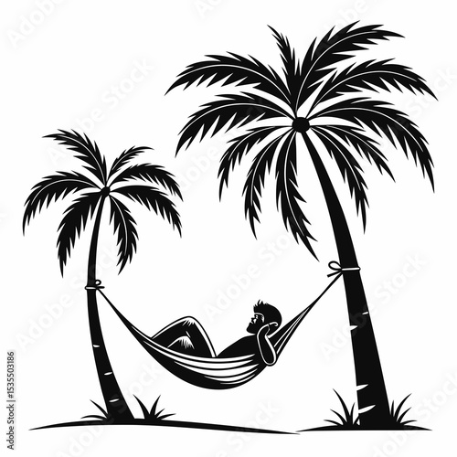 Minimal black illustration of person relaxing in hammock between two palm trees, chill summer vibe