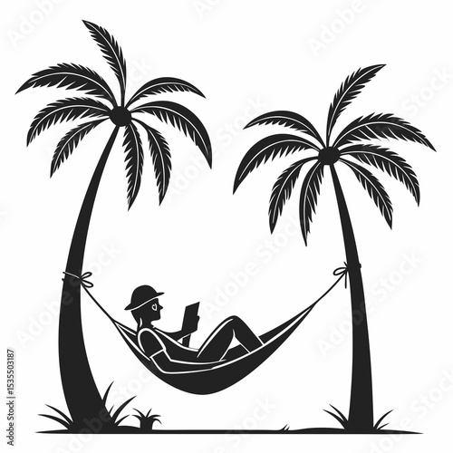 Minimal black illustration of person relaxing in hammock between two palm trees, chill summer vibe