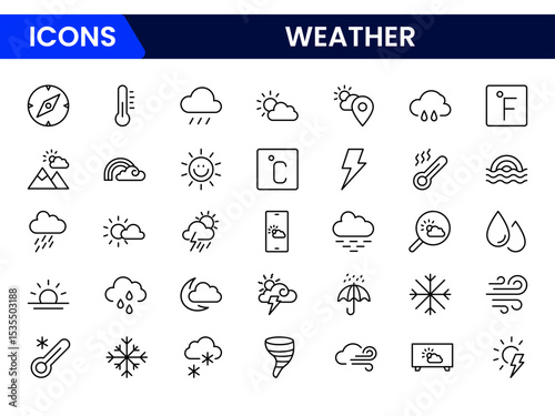 Clean vector web line icons depicting weather forecasts, sun, rain, clouds, temperature, and meteorological data for accurate predictions.