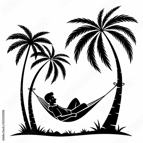 Minimal black illustration of person relaxing in hammock between two palm trees, chill summer vibe