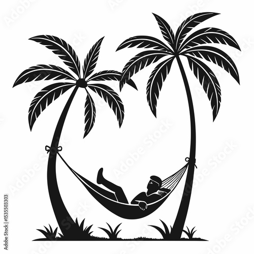 Minimal black illustration of person relaxing in hammock between two palm trees, chill summer vibe