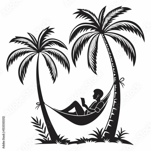 Minimal black illustration of person relaxing in hammock between two palm trees, chill summer vibe