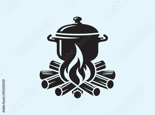 Rustic black pot with lid over an open campfire for outdoor cooking
