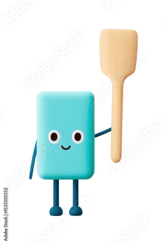 Cute rectangular character with large wooden spoon smiling