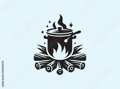 Camping pot with closed lid and handle placed over flickering flames