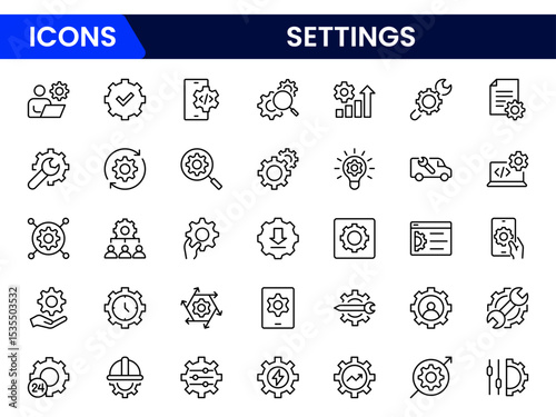 Sleek vector web line icons depicting settings, maintenance, tools, configurations, and system optimization for seamless digital performance and upkeep.
