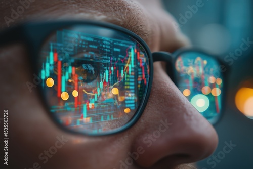 Stock market data and candlestick charts reflected in the glasses of a financial trader.