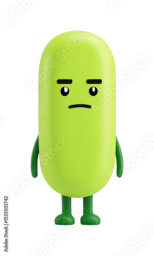 Green cartoon character with expressionless face