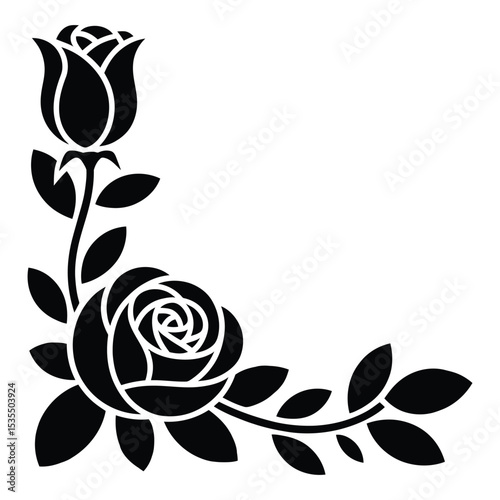 Cubist Rose Border Floral Frame Silhouette, Vector, Illustration, Icon, Logo, White Background.