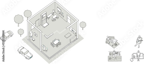 Modern minimalistic interior design in isometric view with living room, dining area, office space, cars outside, and people engaging in hobbies, work, and relaxation