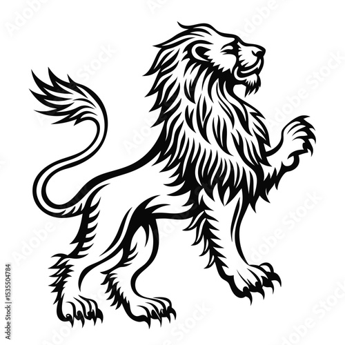 A powerful black and white illustration of a regal lion in a standing position