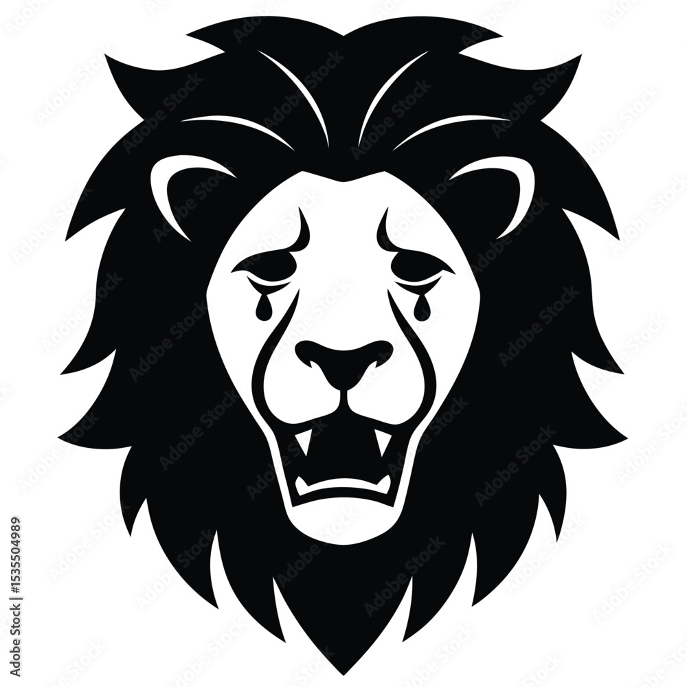 Fototapeta premium Black and white illustration of a crying lion head depicting sadness and grief