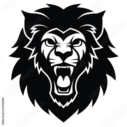 Aggressive black and white lion head emblem with open mouth and detailed mane