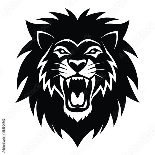 Aggressive lion head illustration in black and white showing ferocious expression and fierce attitude