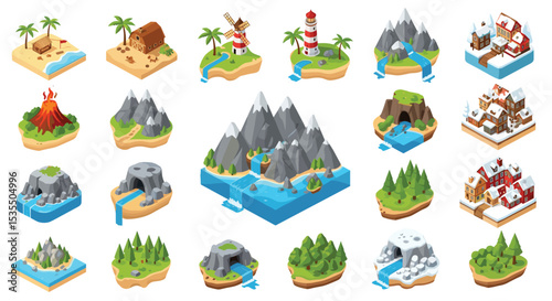 Isometric Game Asset Collection of Different Terrain Tiles and Island Environments Designs