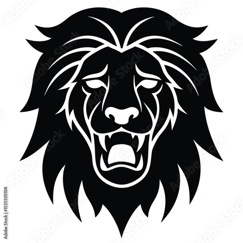 Black and white lion head roaring fiercely with bold outline and symbolic design