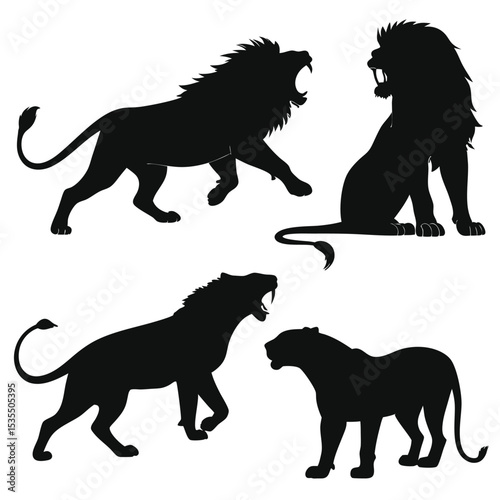 Black silhouette lions roaring prowling and resting isolated on white background for design