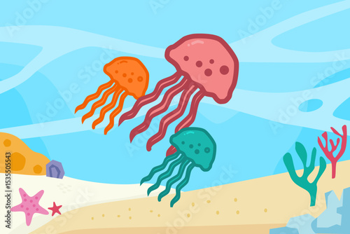 Playful Jellyfish in a Bright Seabed Illustration