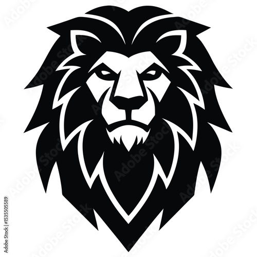 Bold black and white illustration of a regal lion head suitable for logos and branding