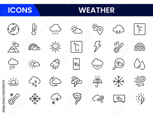 Clean vector web line icons depicting weather forecasts, sun, rain, clouds, temperature, and meteorological data for accurate predictions.