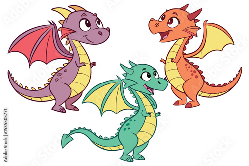 Cute cartoon baby dragon vector illustration with a happy smile