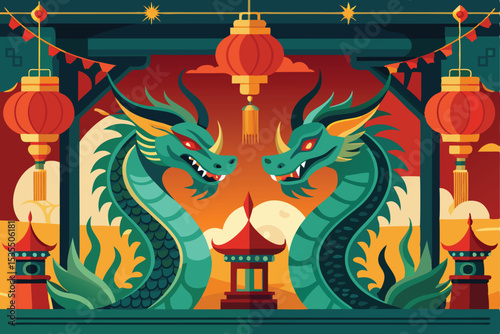 Golden Chinese dragon statues adorn an ancient temple roof, symbolizing oriental power and tradition in Asian culture