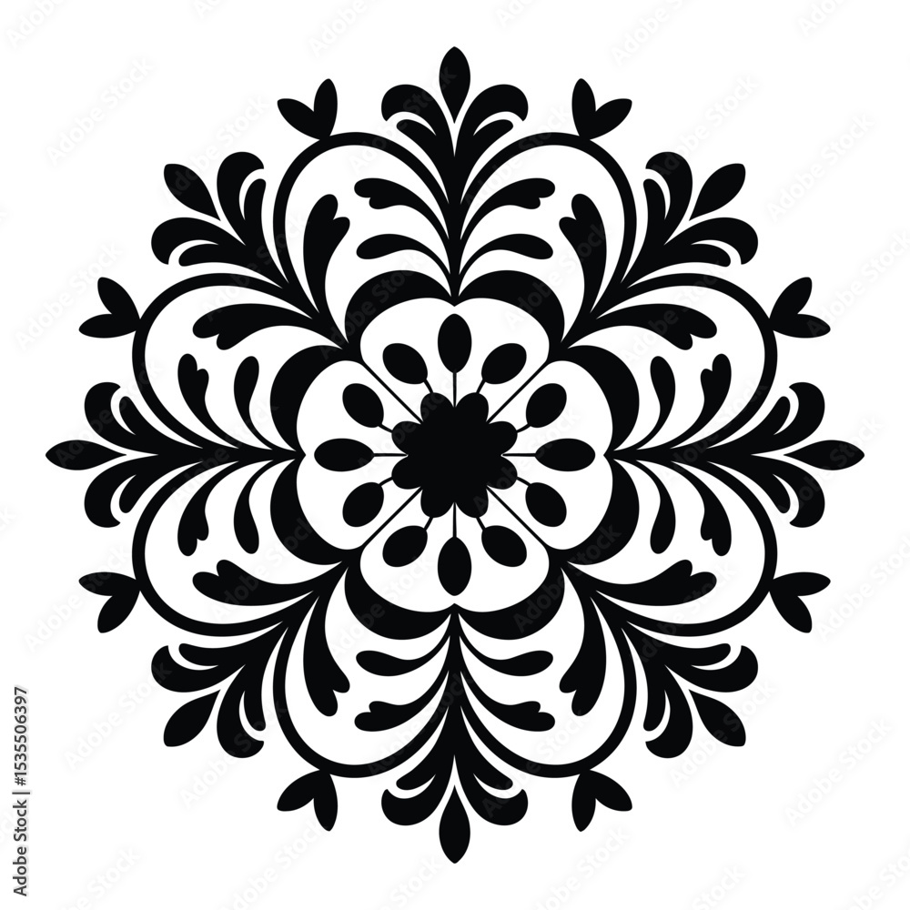 Fototapeta premium Victorian Floral Medallion Silhouette, Vector, Illustration, Icon, Logo, White Background.