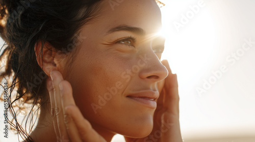 Woman sunburnt cheek natural backlight sunlight smiling face close up