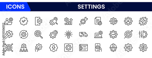 Sleek vector web line icons depicting settings, maintenance, tools, configurations, and system optimization for seamless digital performance and upkeep.