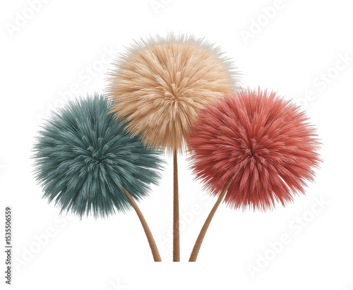 Colorful artificial pom-pom flowers with realistic textures and stems