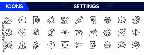 Sleek vector web line icons depicting settings, maintenance, tools, configurations, and system optimization for seamless digital performance and upkeep.