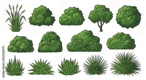 An Assortment of Pixelated Evergreen Shrubs and Grasses for Landscaping Projects