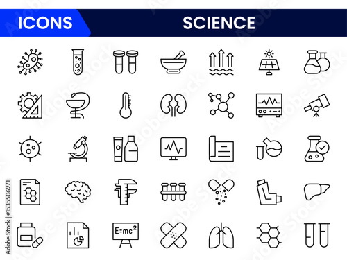 Precise vector web line icons depicting science, research, experiments, lab equipment, and innovative discoveries for advancing knowledge.