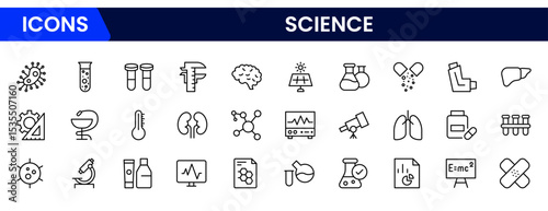 Precise vector web line icons depicting science, research, experiments, lab equipment, and innovative discoveries for advancing knowledge.
