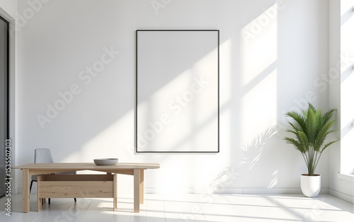Blank poster mockup on white wall in modern office with glass meeting room and minimalist furniture in bright layout, 3D rendering. High quality