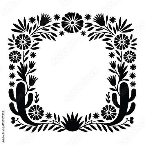 Mexican Folk Floral Frame Silhouette, Vector, Illustration, Icon, Logo, White Background.